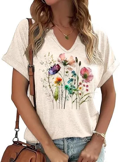 Women's Floral T-Shirts V-Neck Dandelion Sun Flower Graphic Casual Tee Boho Tops Cute Wildflowers Shirts