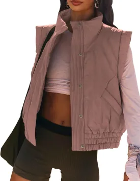 Women's Lightweight Puffer Vest Button Down Crop Qulited Vest Coat Stand Collar Sleeveless Padded Gilet With Pockets