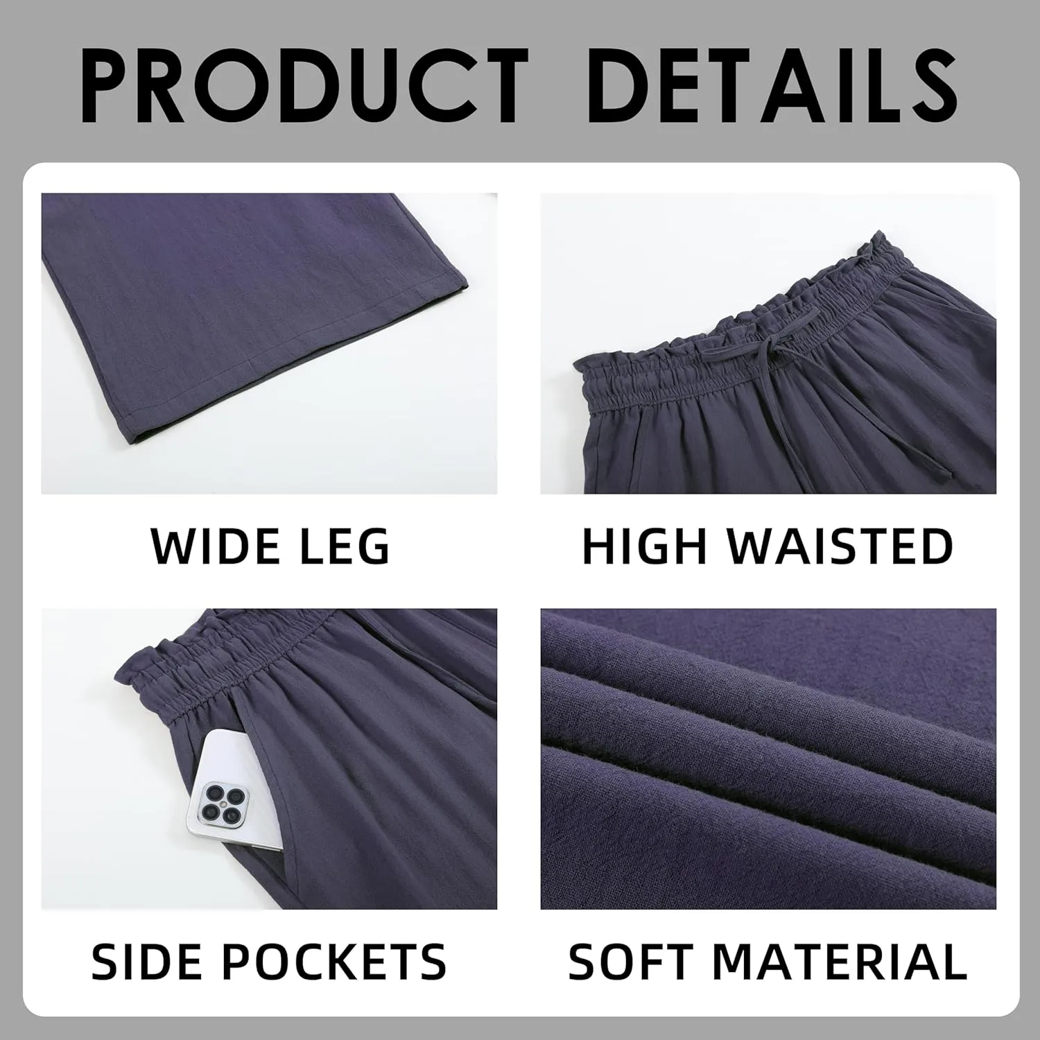 Womens Linen Wide Leg Pants High Waisted Drawstring Baggy Loose Beach Pants with Pockets
