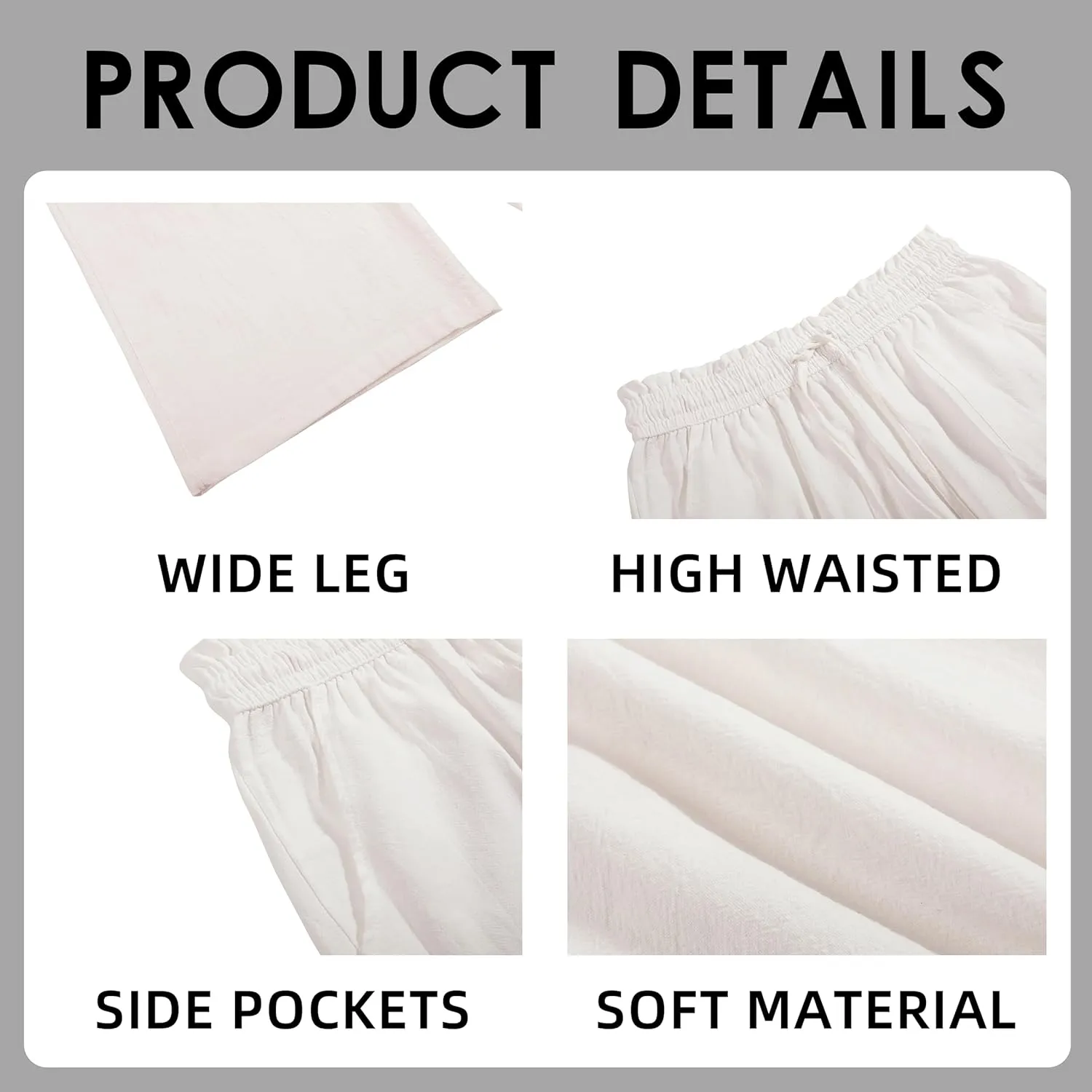 Womens Linen Wide Leg Pants High Waisted Drawstring Baggy Loose Beach Pants with Pockets