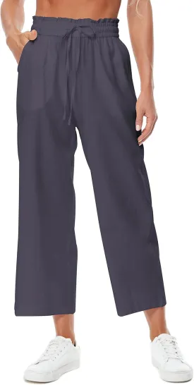 Womens Linen Wide Leg Pants High Waisted Drawstring Baggy Loose Beach Pants with Pockets