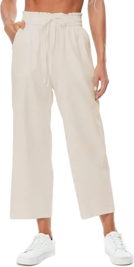Womens Linen Wide Leg Pants High Waisted Drawstring Baggy Loose Beach Pants with Pockets