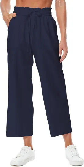 Womens Linen Wide Leg Pants High Waisted Drawstring Baggy Loose Beach Pants with Pockets