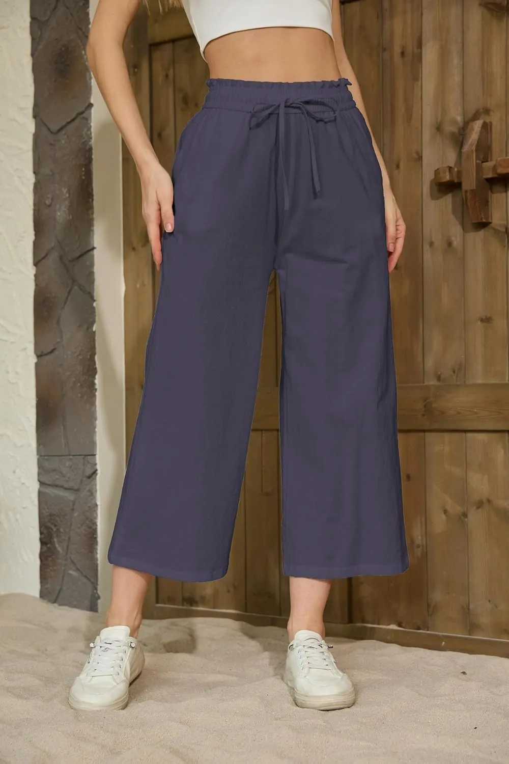 Womens Linen Wide Leg Pants High Waisted Drawstring Baggy Loose Beach Pants with Pockets