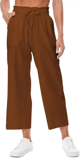 Womens Linen Wide Leg Pants High Waisted Drawstring Baggy Loose Beach Pants with Pockets
