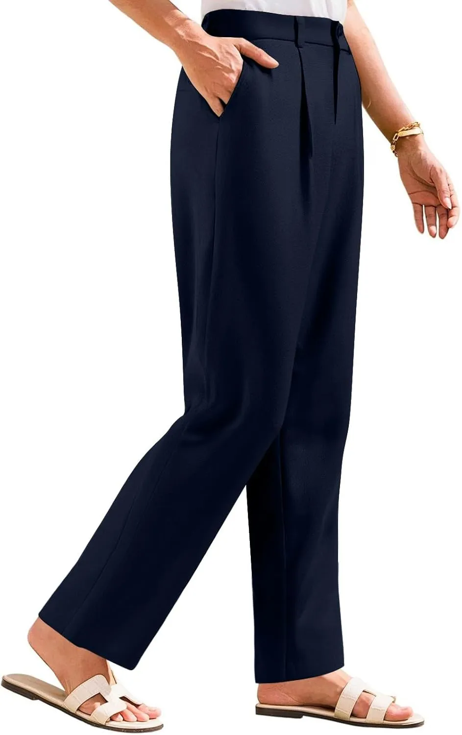 Women's Linen Wide Leg Work Pants with Casual Loose Fit Dressy Fashion Details
