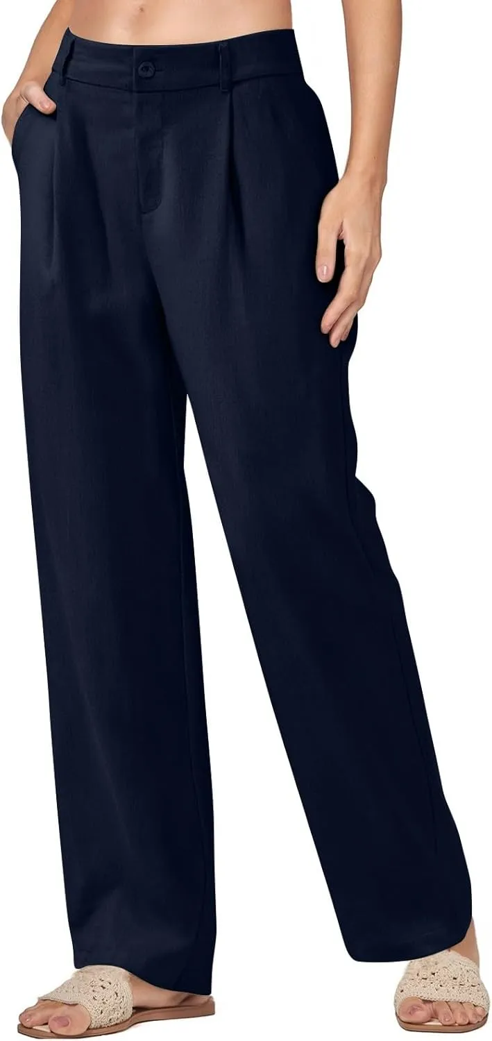 Women's Linen Wide Leg Work Pants with Casual Loose Fit Dressy Fashion Details