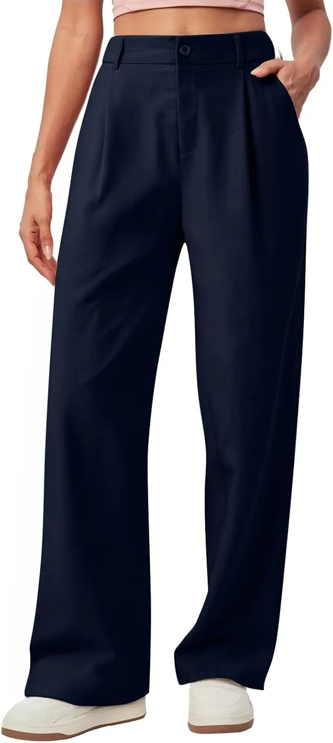 Women's Linen Wide Leg Work Pants with Casual Loose Fit Dressy Fashion Details