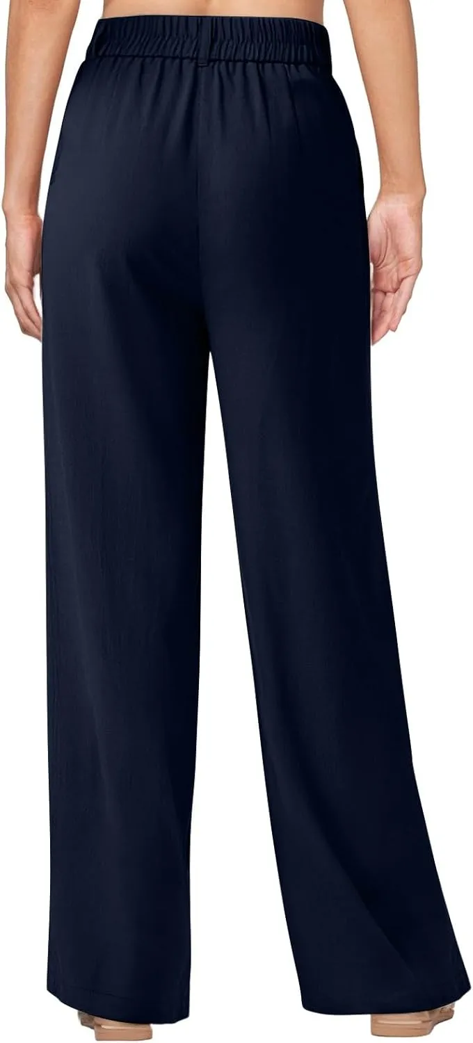 Women's Linen Wide Leg Work Pants with Casual Loose Fit Dressy Fashion Details