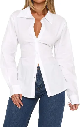 Womens Long Sleeve Button Down Shirt Tie Back Lapel Collar Blouse Work Casual Dressy Lightweight Tunic Shirt
