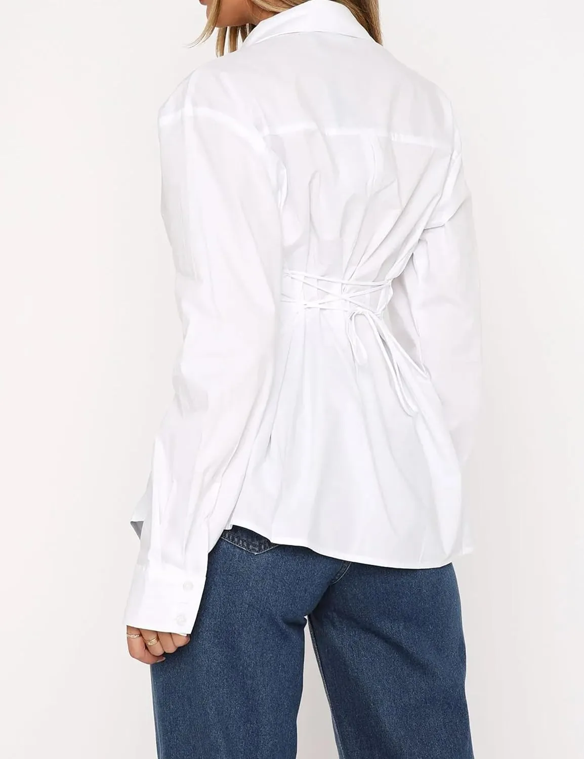 Womens Long Sleeve Button Down Shirt Tie Back Lapel Collar Blouse Work Casual Dressy Lightweight Tunic Shirt