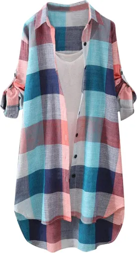 Womens Oversized Button Down Plaid Shacket Shirt Roll Up Long Sleeve Casual Boyfriend Tunic Blouse Top 2024 Fall