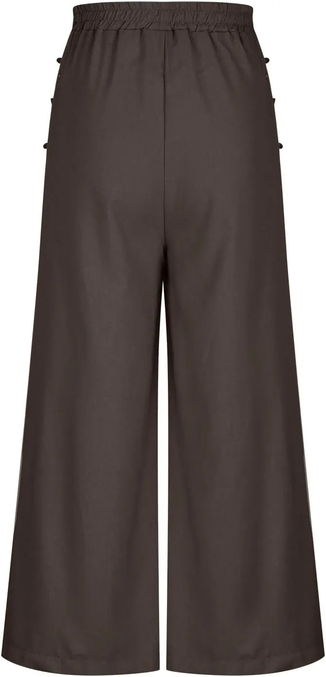 Women's Pants Cotton Linen Baggy Elastic Waist Button Wide Leg Pants with Pockets Solid Color Trendy Culottes Pant