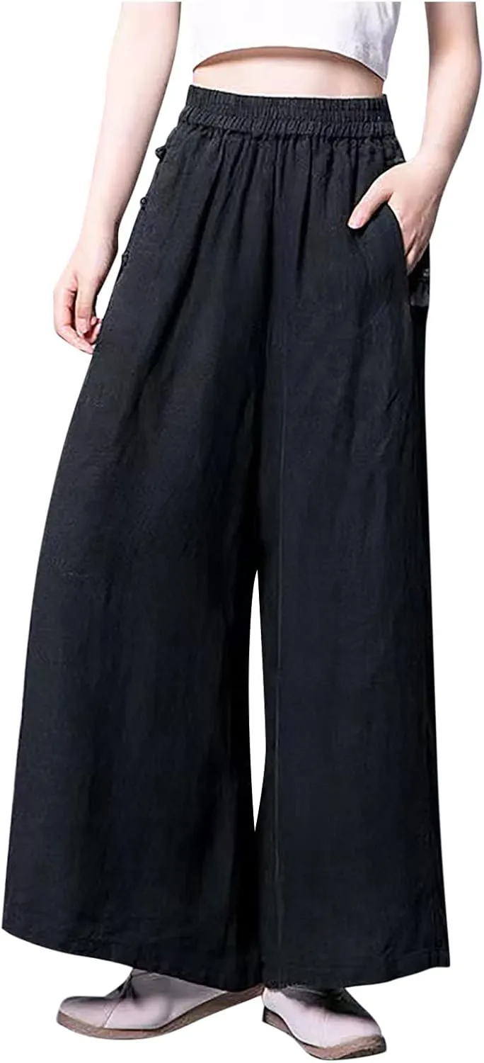 Women's Pants Cotton Linen Baggy Elastic Waist Button Wide Leg Pants with Pockets Solid Color Trendy Culottes Pant