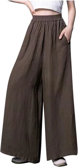 Women's Pants Cotton Linen Baggy Elastic Waist Button Wide Leg Pants with Pockets Solid Color Trendy Culottes Pant