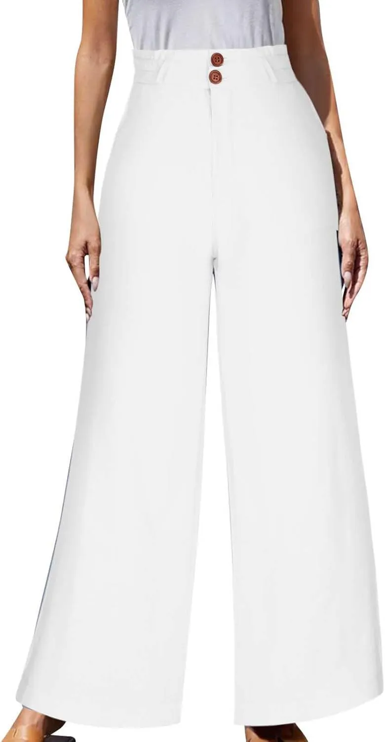 Women's Pants Cotton Linen Baggy Elastic Waist Button Wide Leg Pants with Pockets Solid Color Trendy Culottes Pant