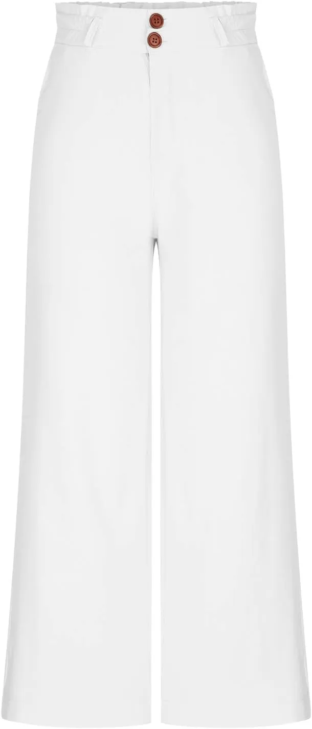 Women's Pants Cotton Linen Baggy Elastic Waist Button Wide Leg Pants with Pockets Solid Color Trendy Culottes Pant