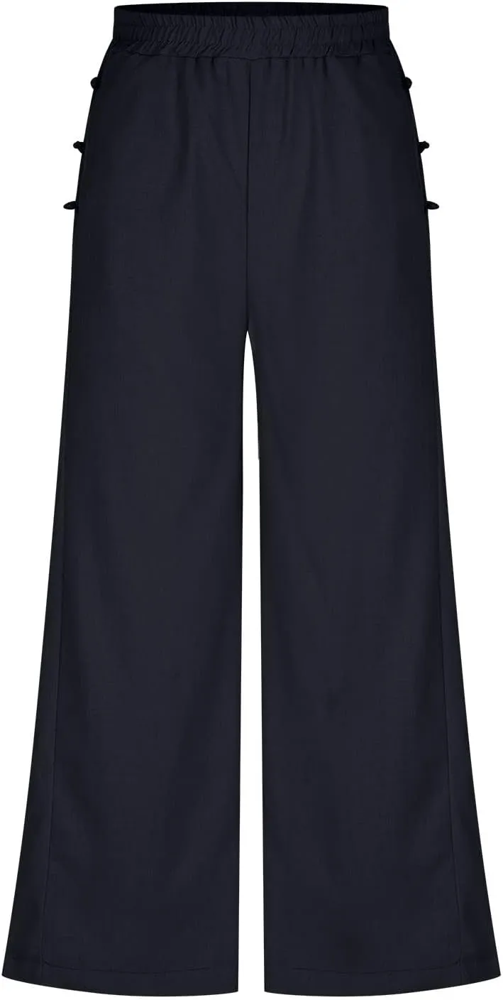 Women's Pants Cotton Linen Baggy Elastic Waist Button Wide Leg Pants with Pockets Solid Color Trendy Culottes Pant