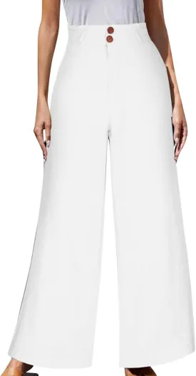 Women's Pants Cotton Linen Baggy Elastic Waist Button Wide Leg Pants with Pockets Solid Color Trendy Culottes Pant