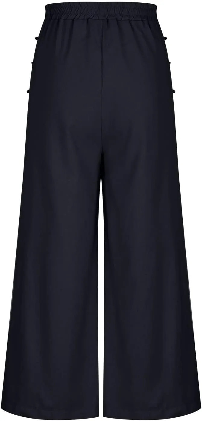 Women's Pants Cotton Linen Baggy Elastic Waist Button Wide Leg Pants with Pockets Solid Color Trendy Culottes Pant