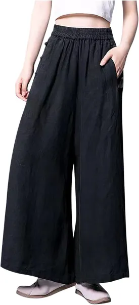 Women's Pants Cotton Linen Baggy Elastic Waist Button Wide Leg Pants with Pockets Solid Color Trendy Culottes Pant