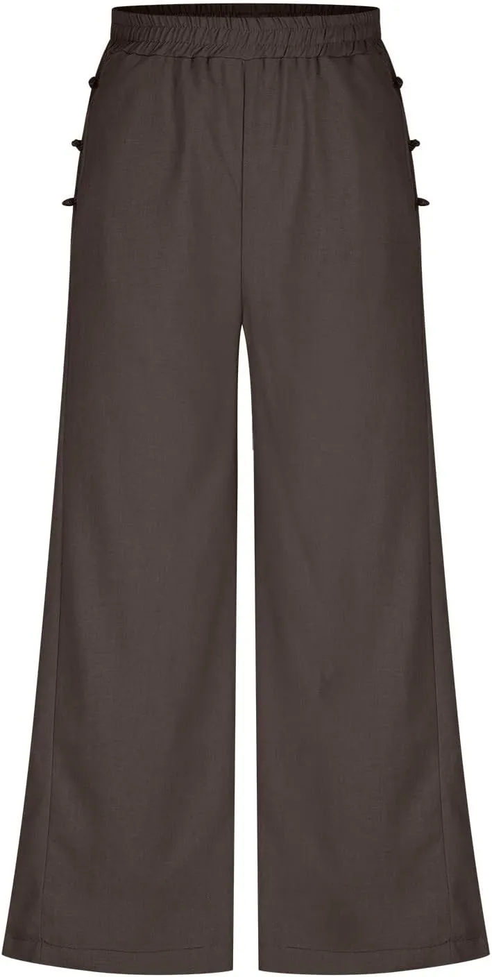 Women's Pants Cotton Linen Baggy Elastic Waist Button Wide Leg Pants with Pockets Solid Color Trendy Culottes Pant