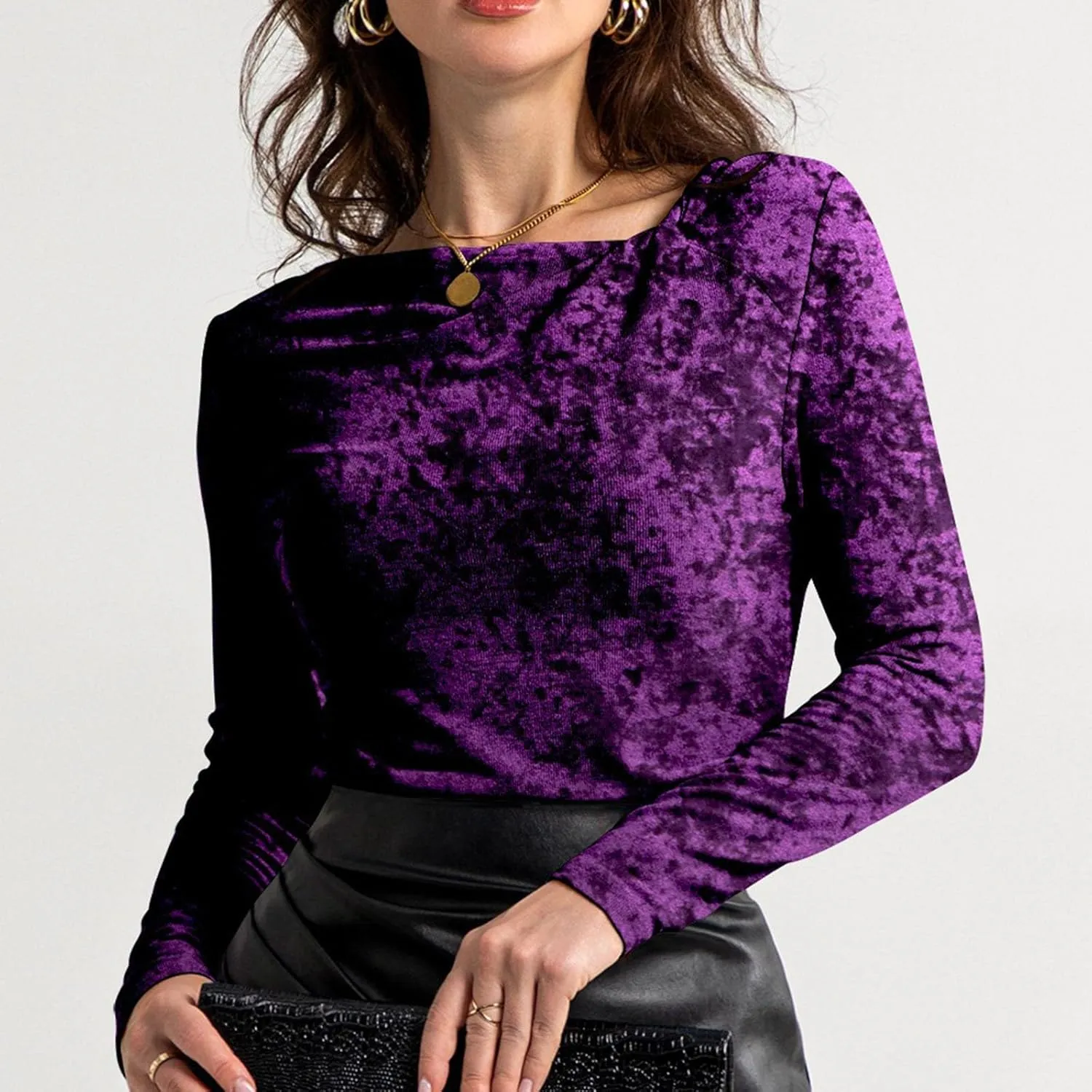 Women's Party Velvet Tops Long Sleeve Slim Fitted T-Shirt Solid V Neck Dressy Work Shirts Velour Blouses