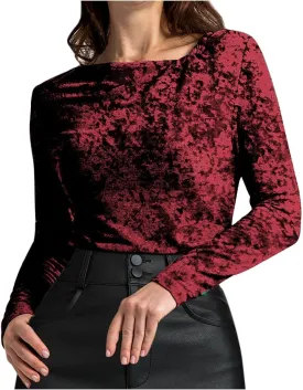 Women's Party Velvet Tops Long Sleeve Slim Fitted T-Shirt Solid V Neck Dressy Work Shirts Velour Blouses