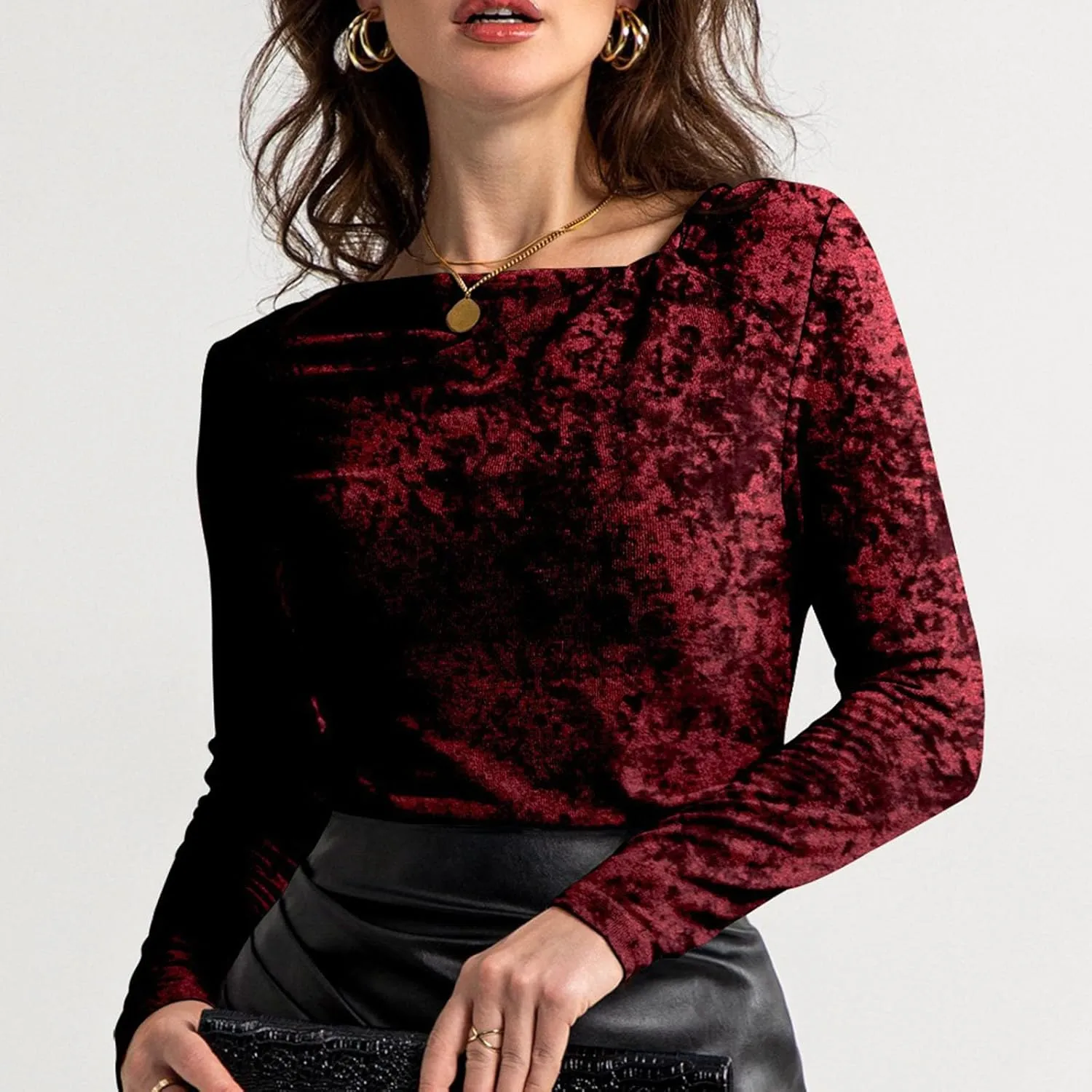 Women's Party Velvet Tops Long Sleeve Slim Fitted T-Shirt Solid V Neck Dressy Work Shirts Velour Blouses