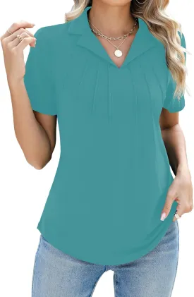 Women's Polo Shirts Short Sleeve V Neck Summer Business Casual Pleated Blouses Collared Tops
