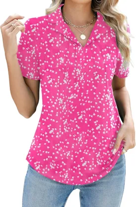 Women's Polo Shirts Short Sleeve V Neck Summer Business Casual Pleated Blouses Collared Tops