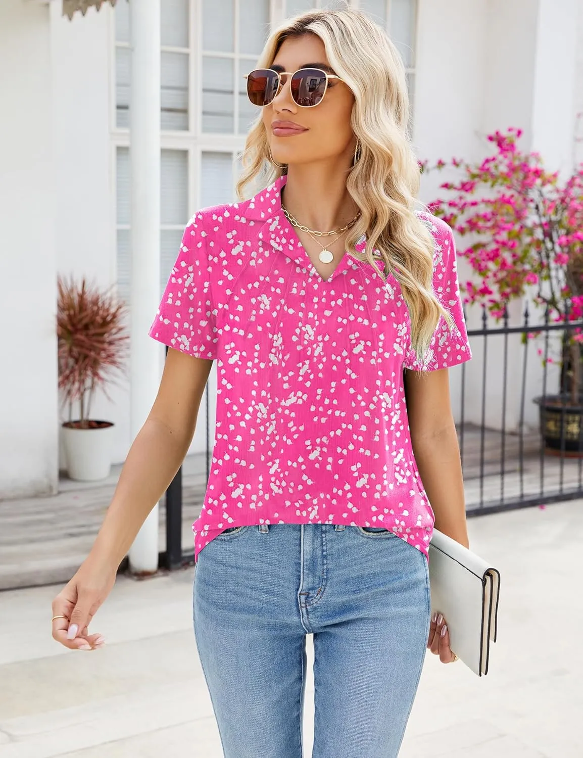 Women's Polo Shirts Short Sleeve V Neck Summer Business Casual Pleated Blouses Collared Tops