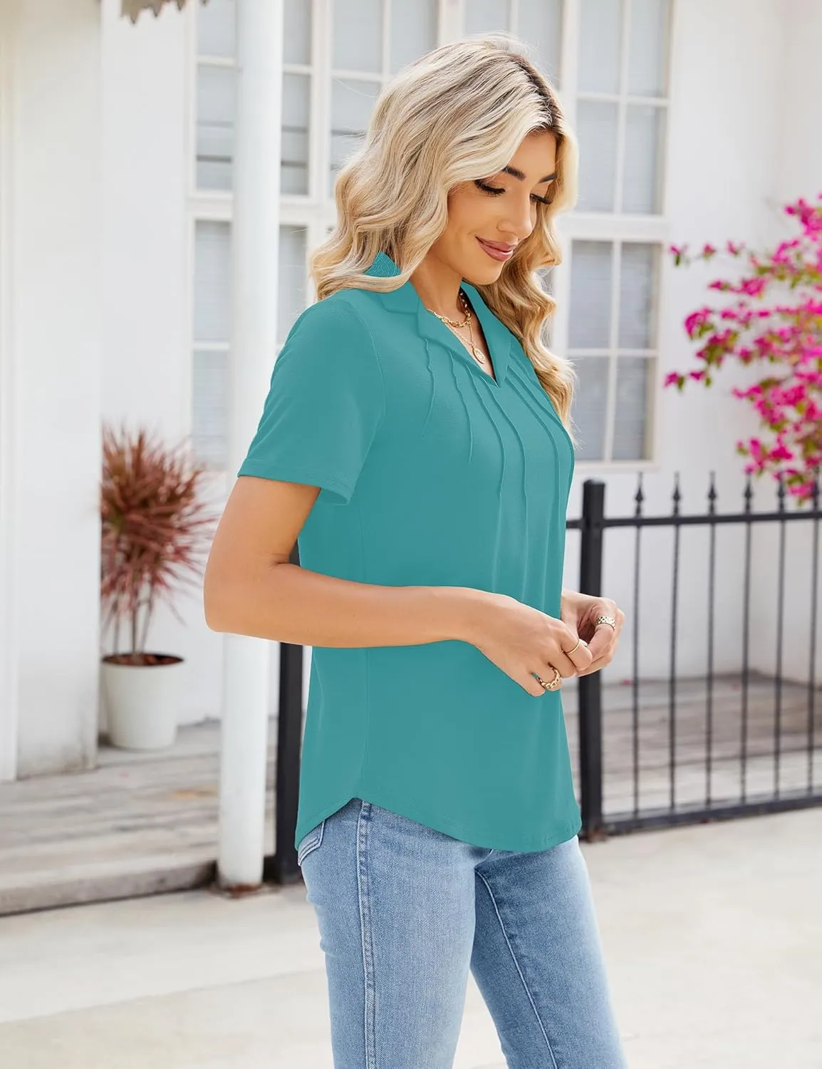 Women's Polo Shirts Short Sleeve V Neck Summer Business Casual Pleated Blouses Collared Tops