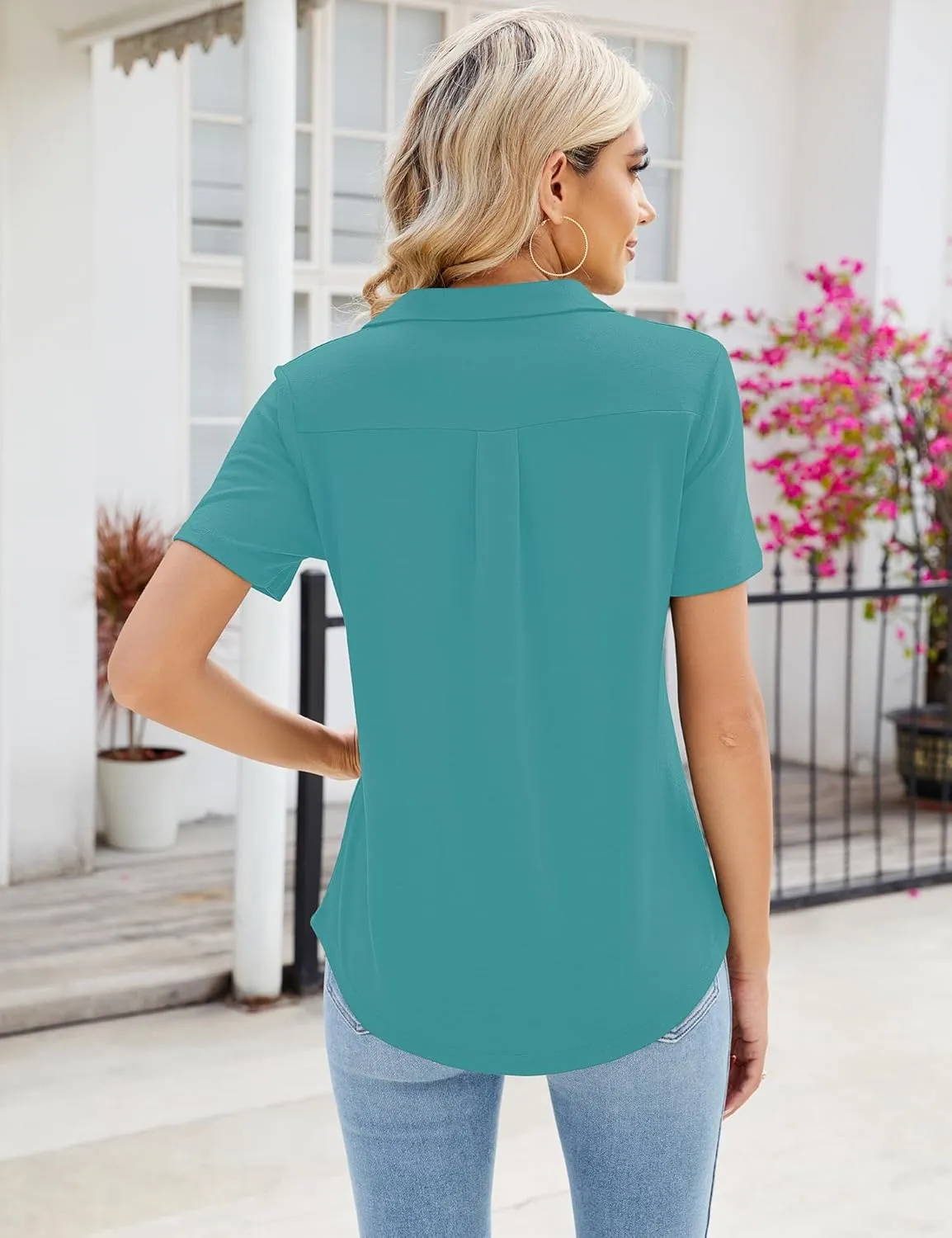 Women's Polo Shirts Short Sleeve V Neck Summer Business Casual Pleated Blouses Collared Tops