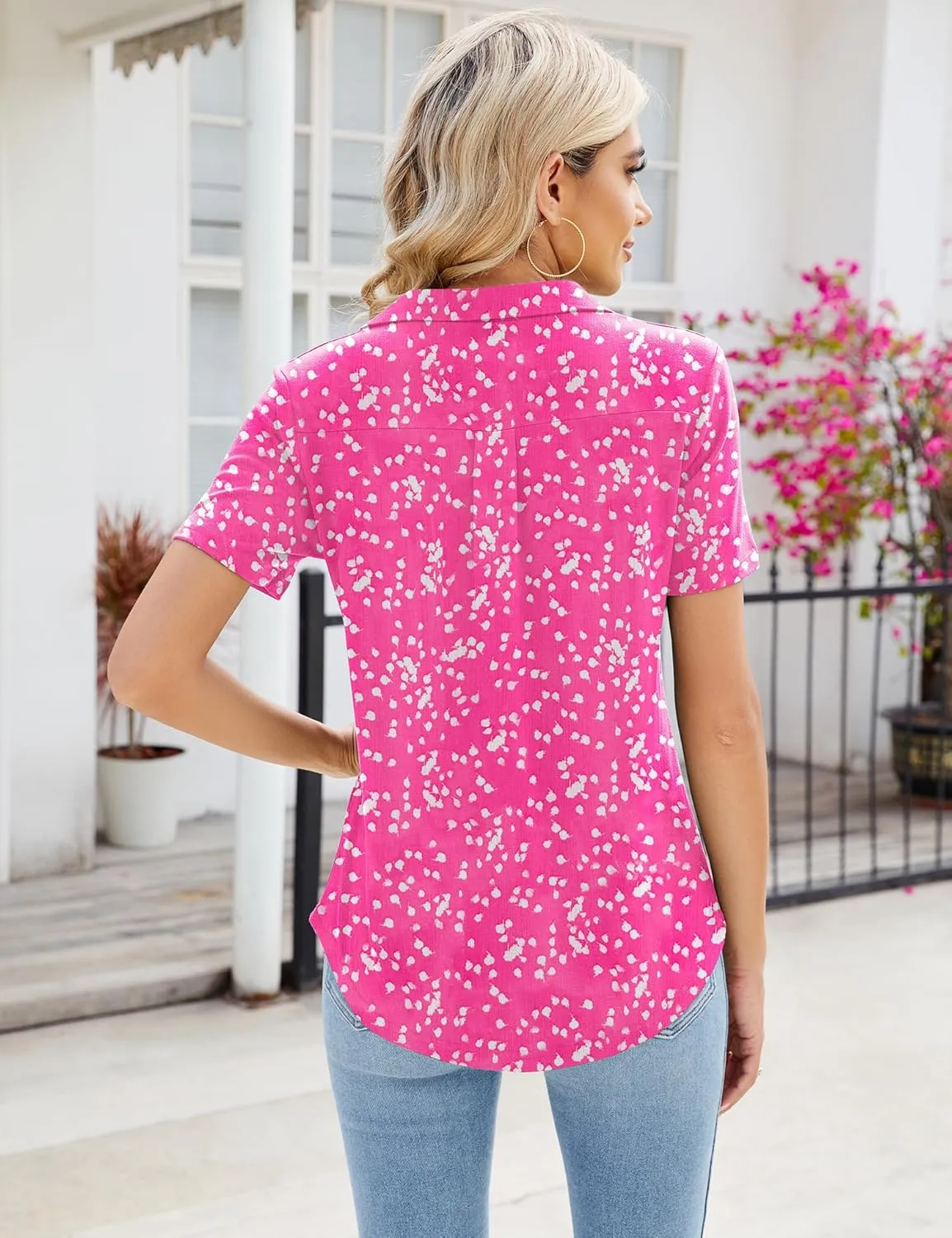 Women's Polo Shirts Short Sleeve V Neck Summer Business Casual Pleated Blouses Collared Tops