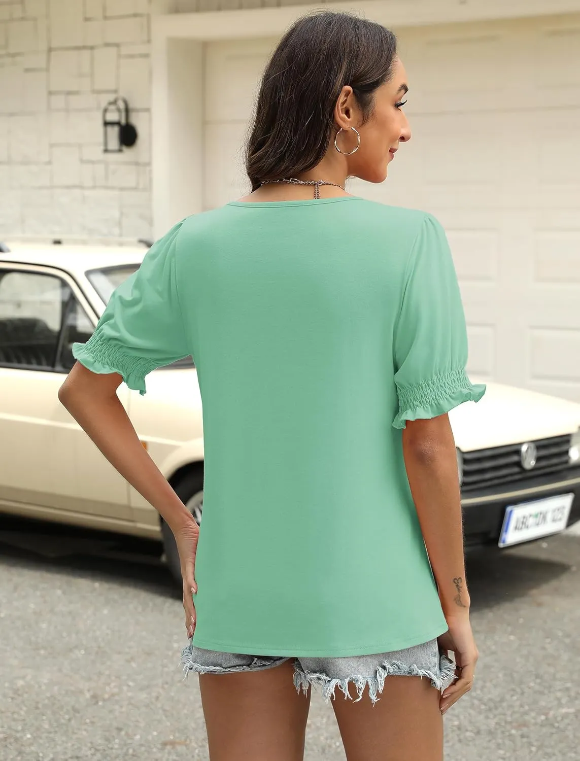 Womens Square Neck Puff Sleeve Top Short Sleeve Casual Smocked Cuff Blouse for Summer Outfits Tee Shirts
