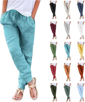 Womens Tapered Pants Cotton Linen Drawstring Elastic Waist Pants Casual Trousers with Pockets Joggers Travel Slacks
