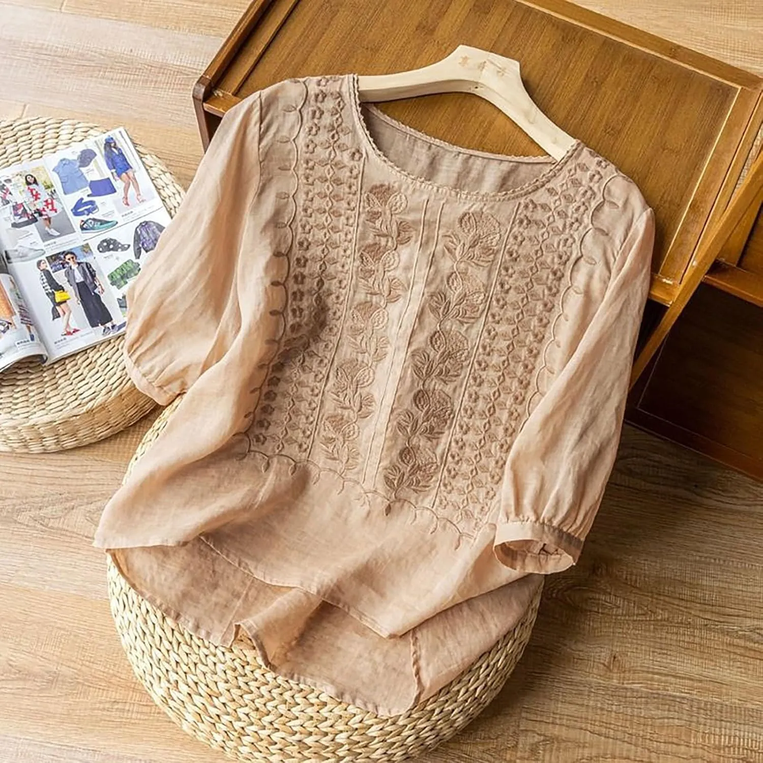 Womens Tops 2025 3/4 Sleeve Tunic Tops Casual Peplum Flowy Shirts Oversized Linen Boho Blouses Beach Vacation Blouse