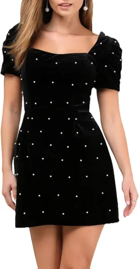 Women's Velvet Pearl Mini Dress Short Sleeve Square Neck Party Club Elegant Short Dresses