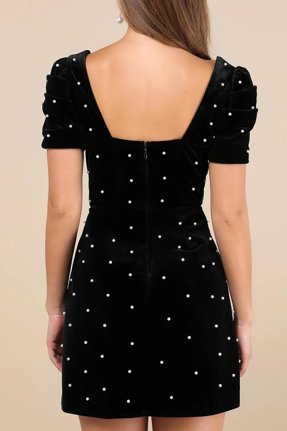Women's Velvet Pearl Mini Dress Short Sleeve Square Neck Party Club Elegant Short Dresses