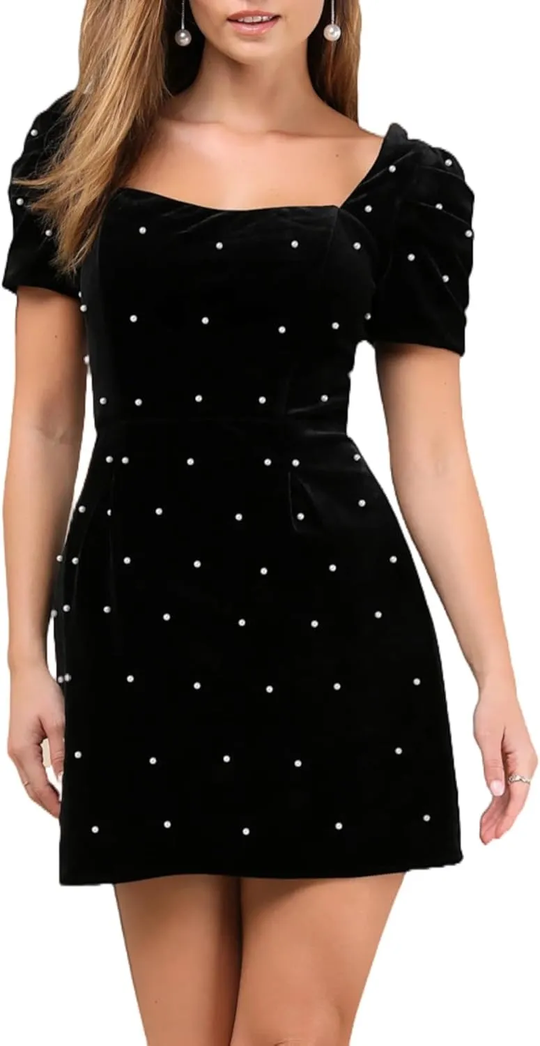 Women's Velvet Pearl Mini Dress Short Sleeve Square Neck Party Club Elegant Short Dresses