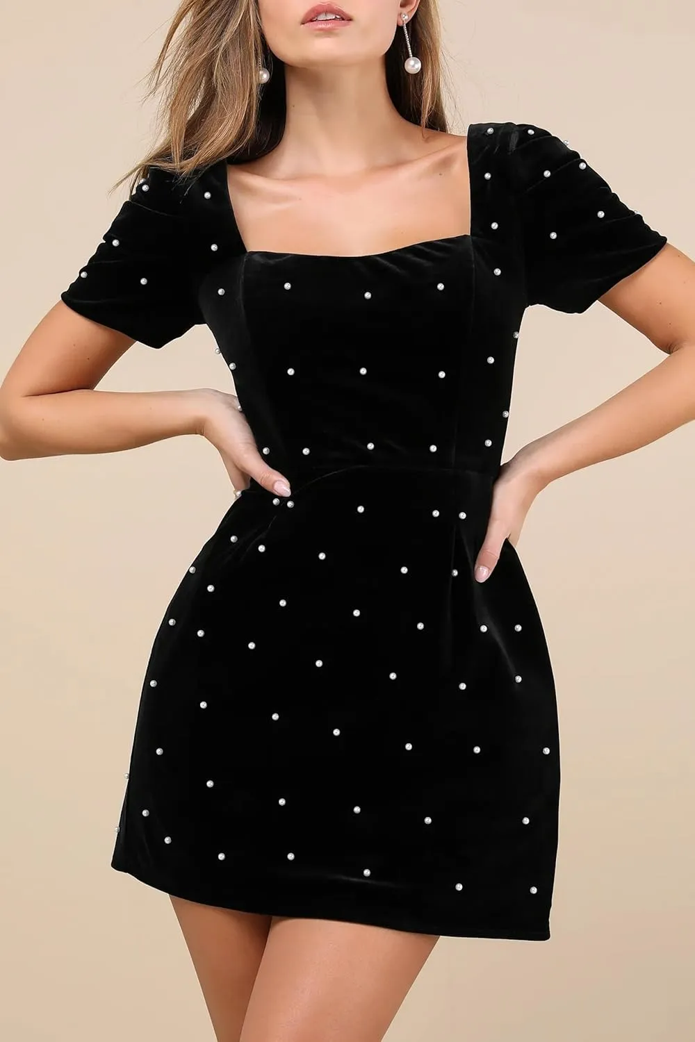 Women's Velvet Pearl Mini Dress Short Sleeve Square Neck Party Club Elegant Short Dresses