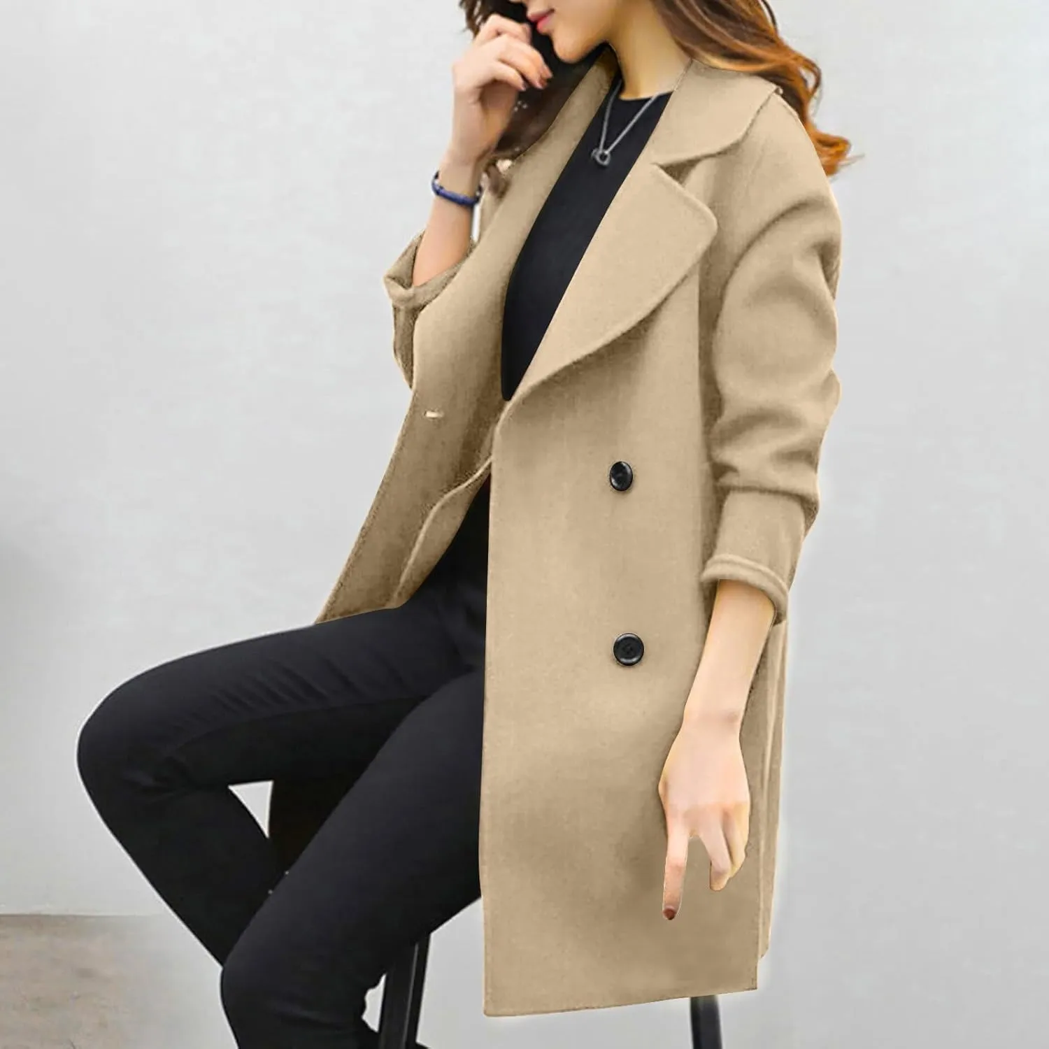 Womens Wool Blend Coat Double Breasted Long Trench Coat Elegant Notch Lapel Work Office Comfy Slim Fit Jackets