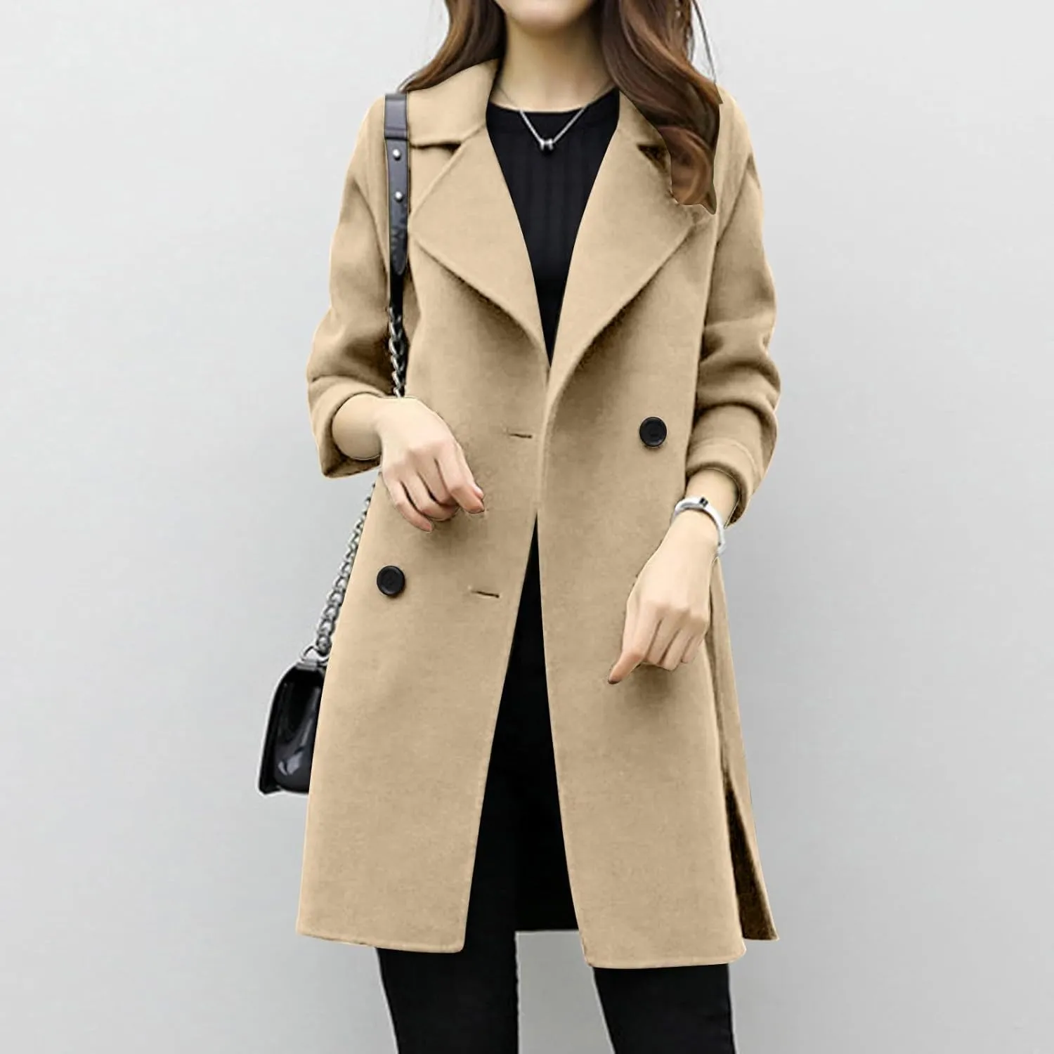 Womens Wool Blend Coat Double Breasted Long Trench Coat Elegant Notch Lapel Work Office Comfy Slim Fit Jackets