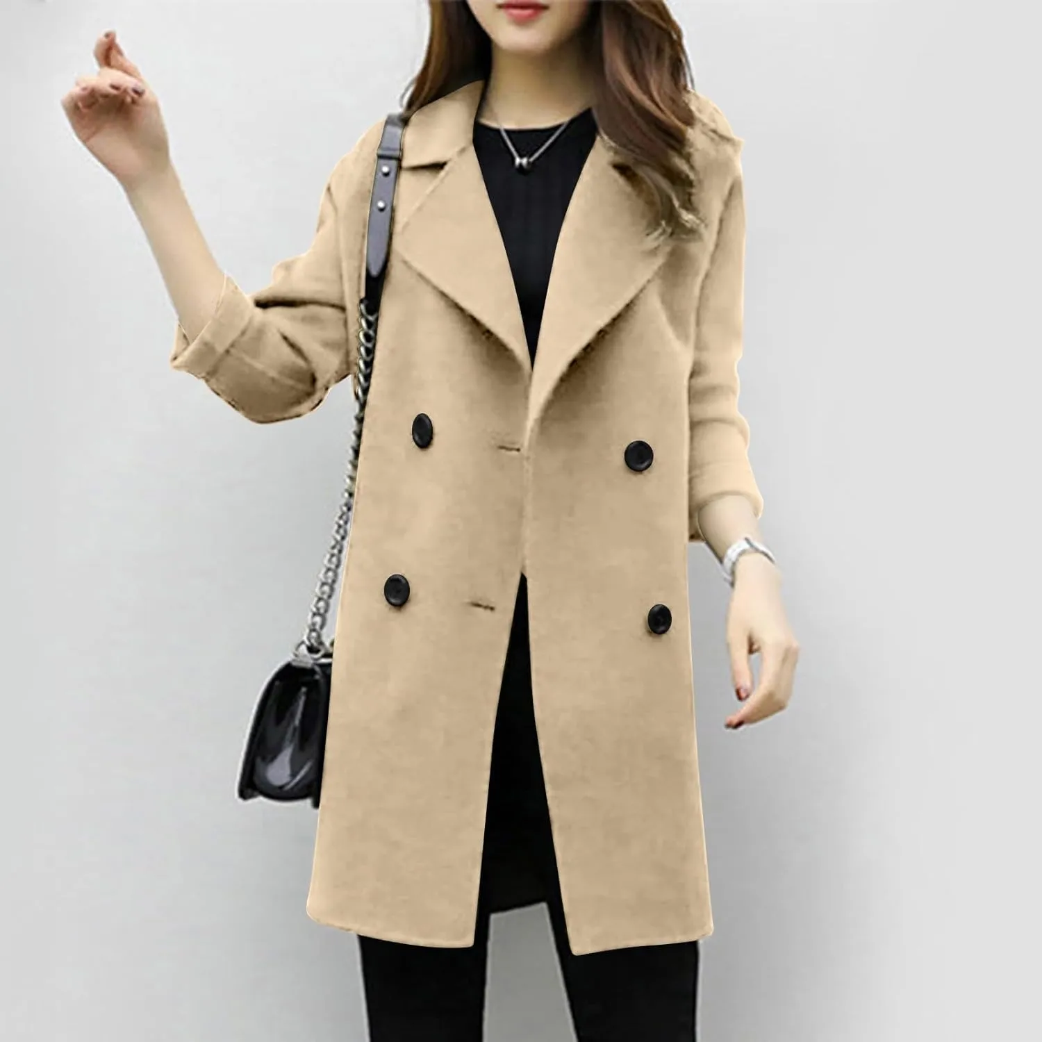 Womens Wool Blend Coat Double Breasted Long Trench Coat Elegant Notch Lapel Work Office Comfy Slim Fit Jackets