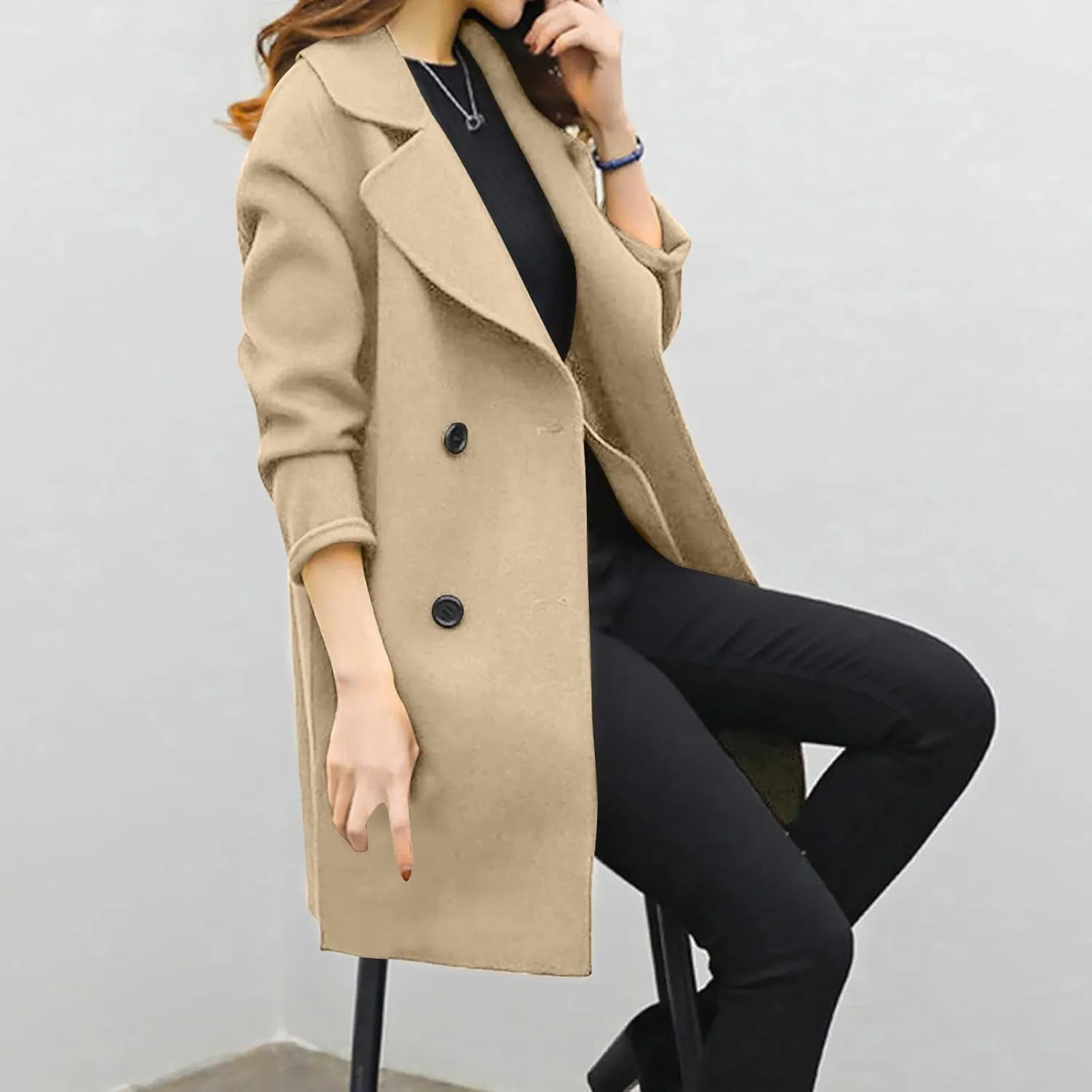 Womens Wool Blend Coat Double Breasted Long Trench Coat Elegant Notch Lapel Work Office Comfy Slim Fit Jackets