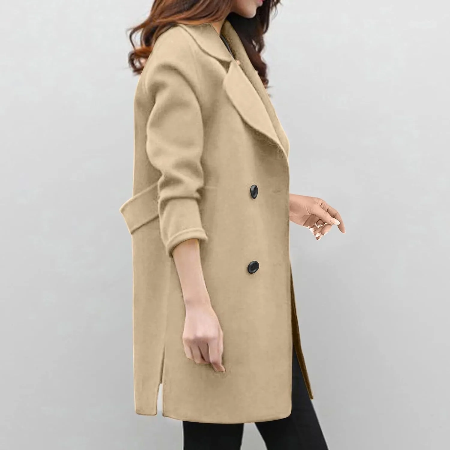 Womens Wool Blend Coat Double Breasted Long Trench Coat Elegant Notch Lapel Work Office Comfy Slim Fit Jackets