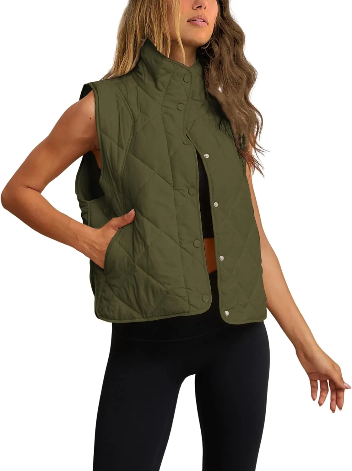 Zhiyouni Women's Quilted Puffer Vest Stand Collar Lightweight Button Down Padded Gilet with Pockets